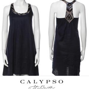 Calypso St Barth Navy Blue Linen Beaded Sequin Summer Formal Neck Tank Dress XS
